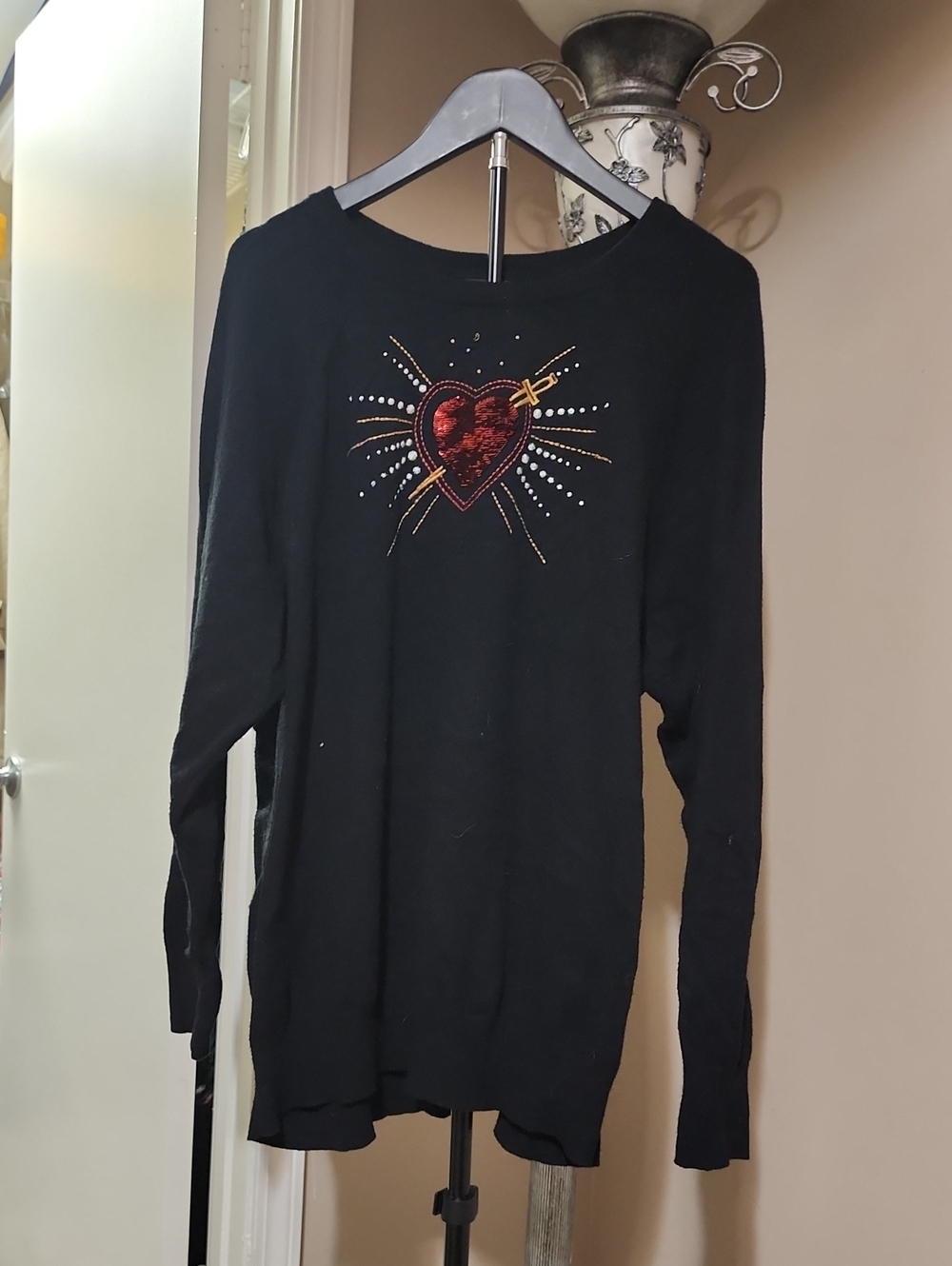 torrid Black Sweater with Red Sequin Heart and Metallic Burst